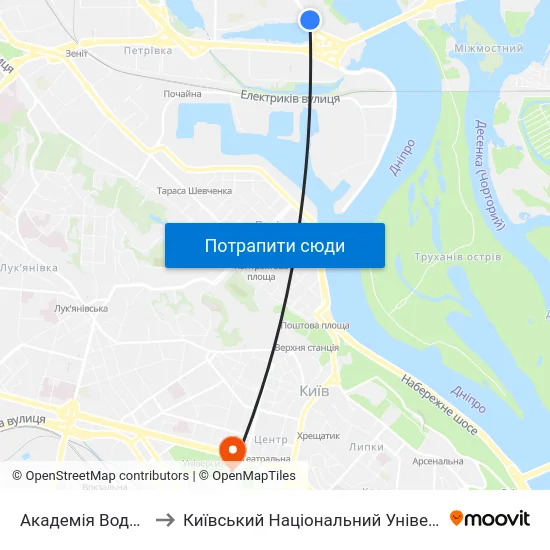Академія Водного Транспорту to Київський Національний Університет Імені Тараса Шевченка map