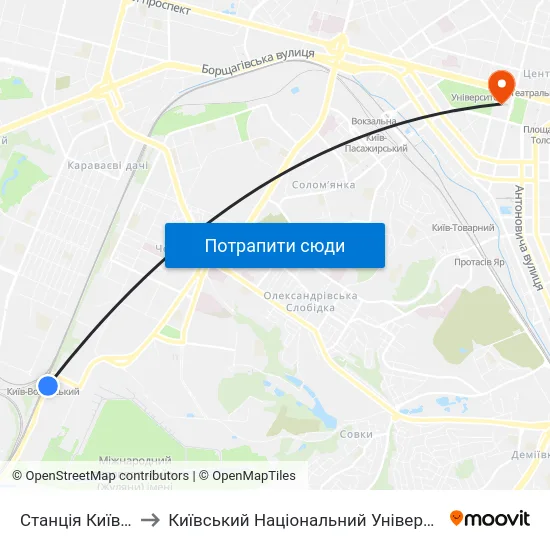 Станція Київ-Волинський to Київський Національний Університет Імені Тараса Шевченка map