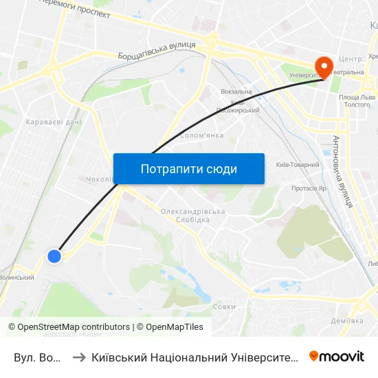 Вул. Волинська to Київський Національний Університет Імені Тараса Шевченка map