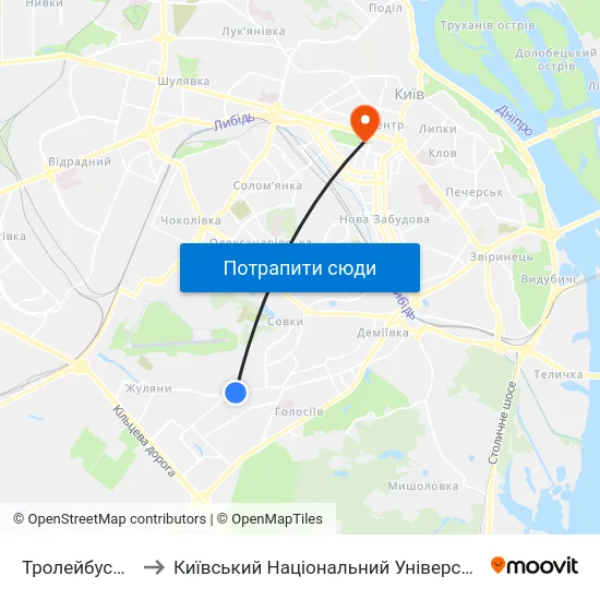 Тролейбусне Депо №1 to Київський Національний Університет Імені Тараса Шевченка map