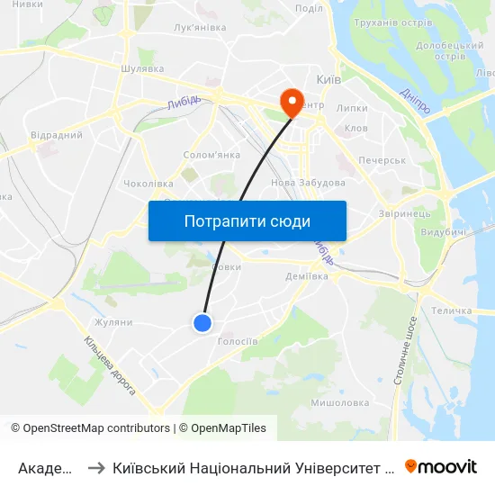 Академія Сбу to Київський Національний Університет Імені Тараса Шевченка map