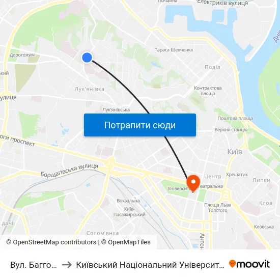 Вул. Багговутівська to Київський Національний Університет Імені Тараса Шевченка map