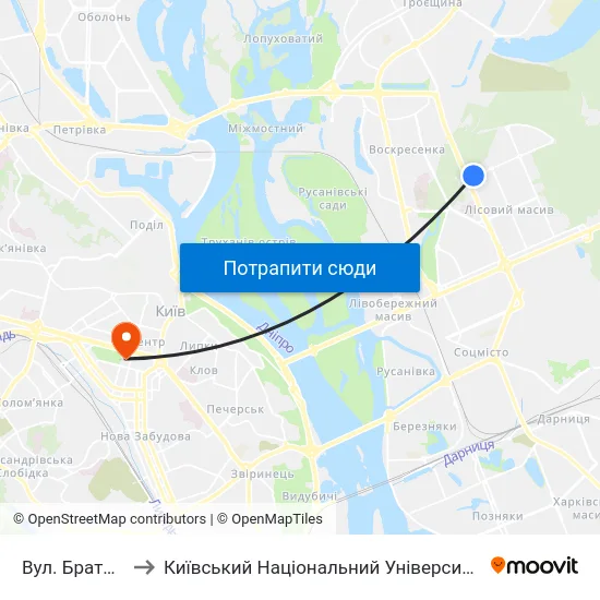 Вул. Братиславська to Київський Національний Університет Імені Тараса Шевченка map