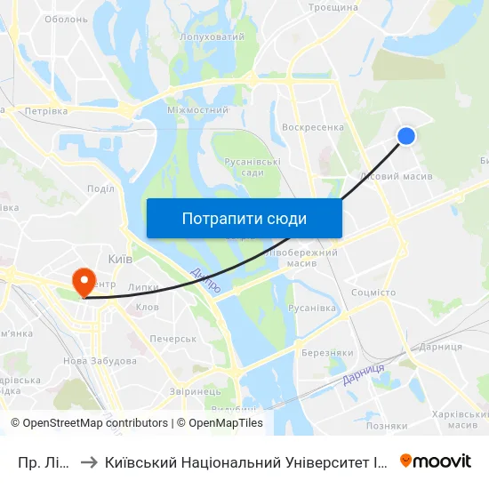 Пр. Лісовий to Київський Національний Університет Імені Тараса Шевченка map