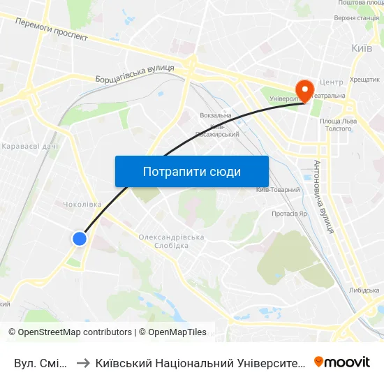 Вул. Смілянська to Київський Національний Університет Імені Тараса Шевченка map