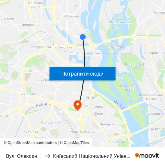 Вул. Олександра Архипенка to Київський Національний Університет Імені Тараса Шевченка map