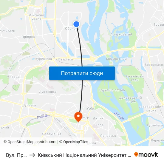 Вул. Прирічна to Київський Національний Університет Імені Тараса Шевченка map