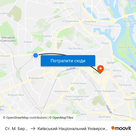 Ст. М. Берестейська to Київський Національний Університет Імені Тараса Шевченка map