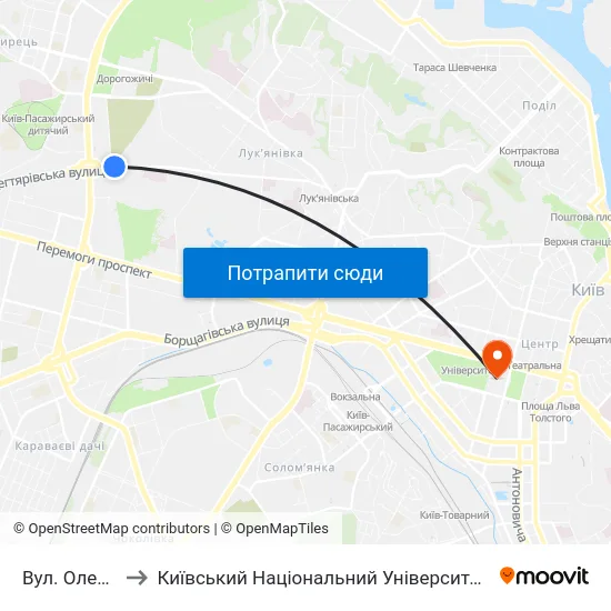 Вул. Олени Теліги to Київський Національний Університет Імені Тараса Шевченка map