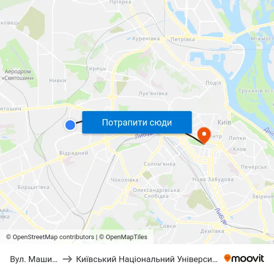 Вул. Машинобудівна to Київський Національний Університет Імені Тараса Шевченка map