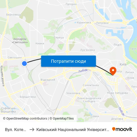 Вул. Котельникова to Київський Національний Університет Імені Тараса Шевченка map