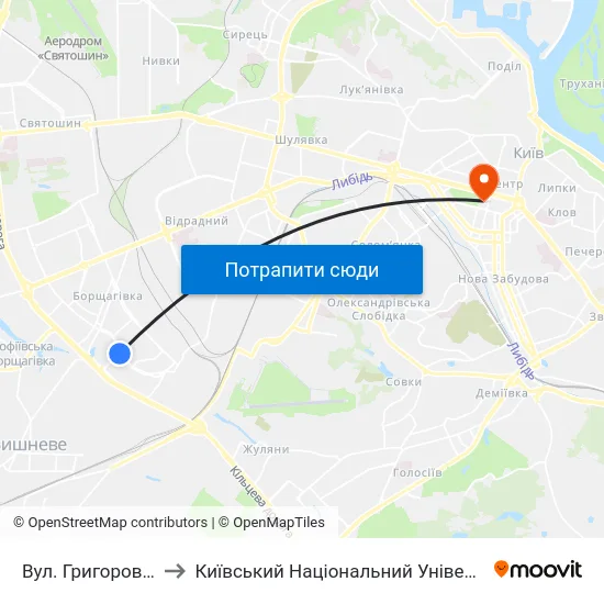 Вул. Григоровича-Барського to Київський Національний Університет Імені Тараса Шевченка map