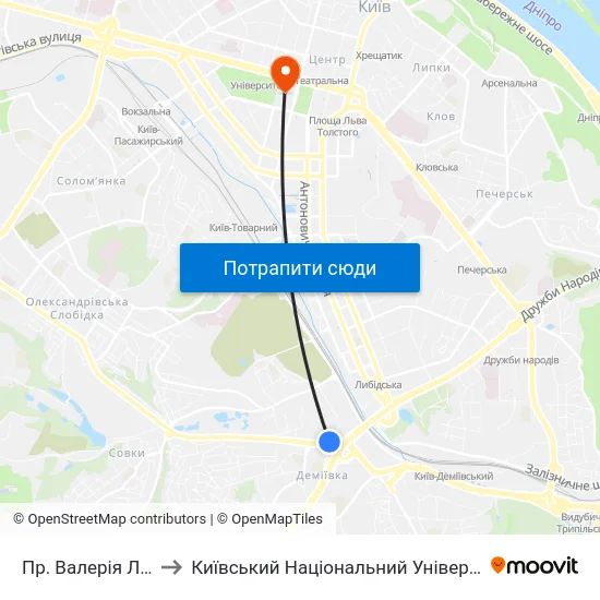 Пр. Валерія Лобановського to Київський Національний Університет Імені Тараса Шевченка map