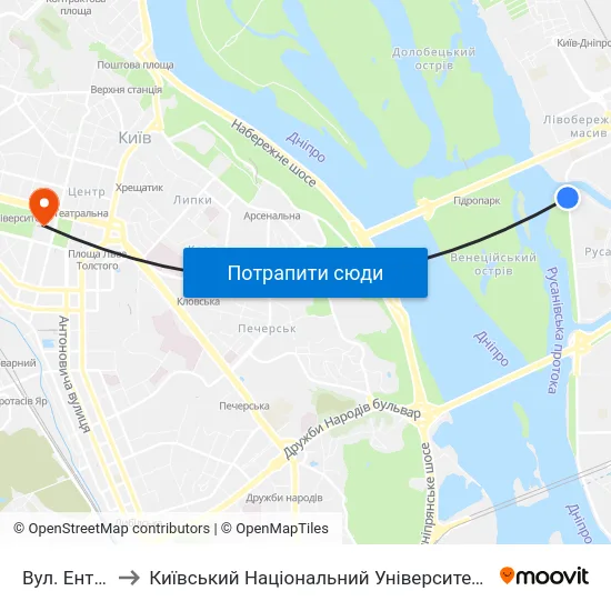 Вул. Ентузіастів to Київський Національний Університет Імені Тараса Шевченка map