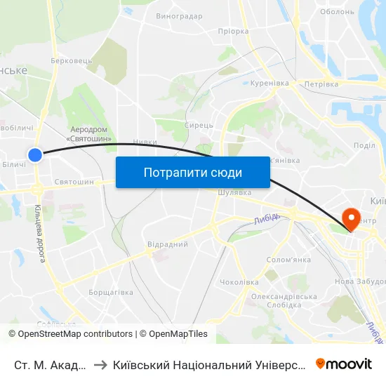 Ст. М. Академмістечко to Київський Національний Університет Імені Тараса Шевченка map