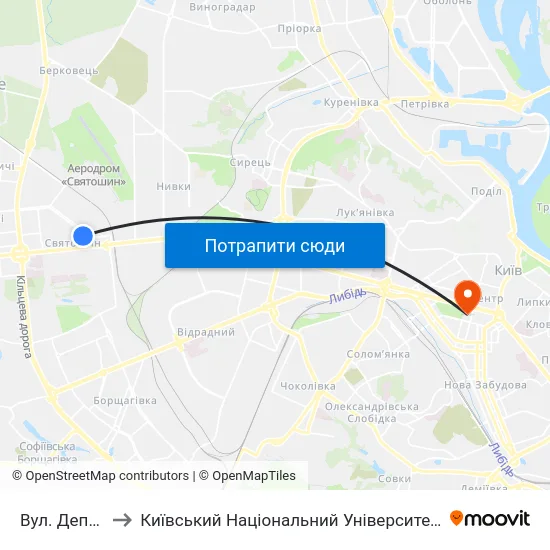 Вул. Депутатська to Київський Національний Університет Імені Тараса Шевченка map