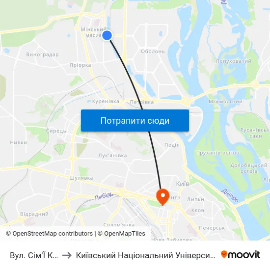 Вул. Сім'Ї Кульженків to Київський Національний Університет Імені Тараса Шевченка map