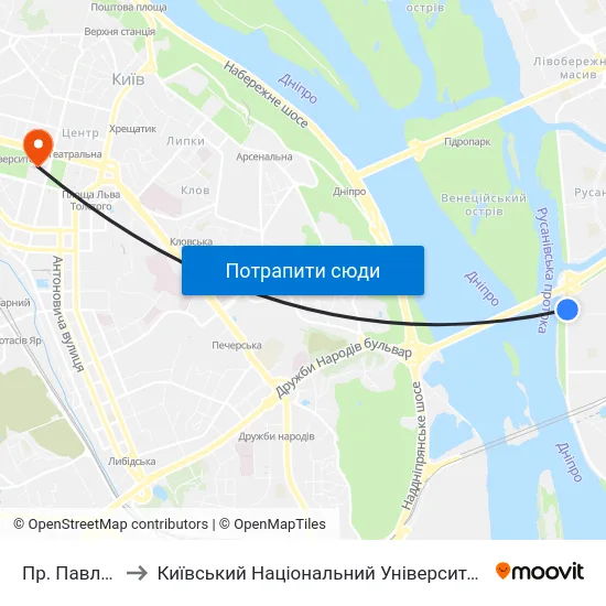 Пр. Павла Тичини to Київський Національний Університет Імені Тараса Шевченка map