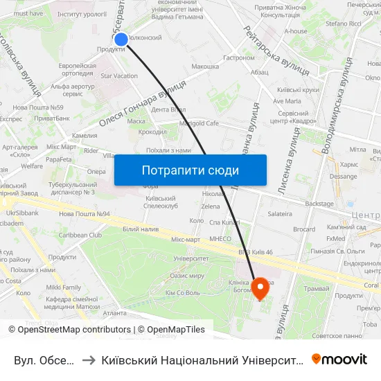 Вул. Обсерваторна to Київський Національний Університет Імені Тараса Шевченка map