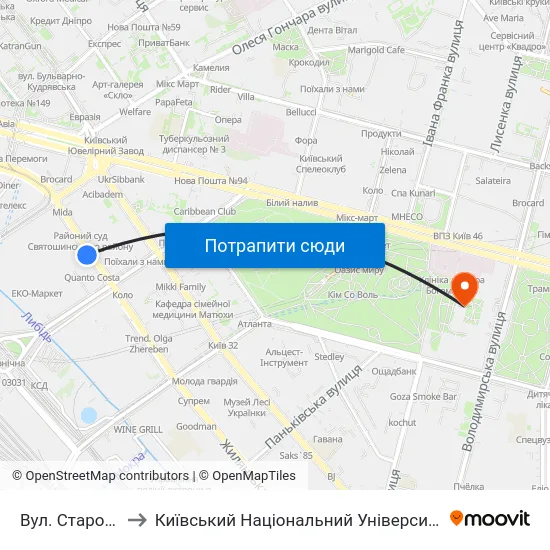 Вул. Старовокзальна to Київський Національний Університет Імені Тараса Шевченка map