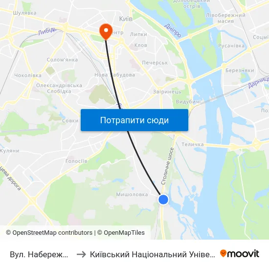 Вул. Набережно-Корчуватська to Київський Національний Університет Імені Тараса Шевченка map