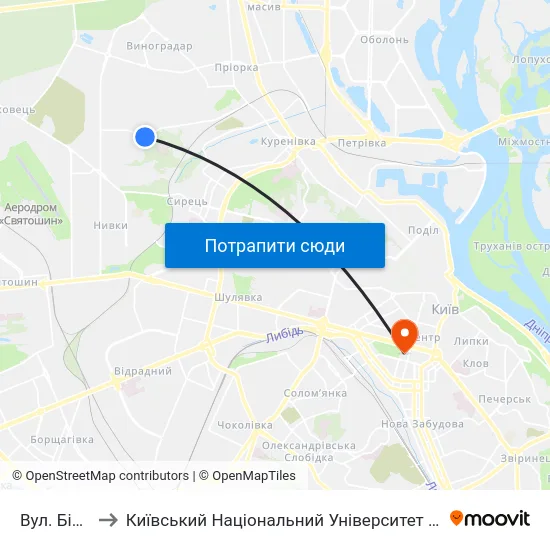Вул. Білицька to Київський Національний Університет Імені Тараса Шевченка map