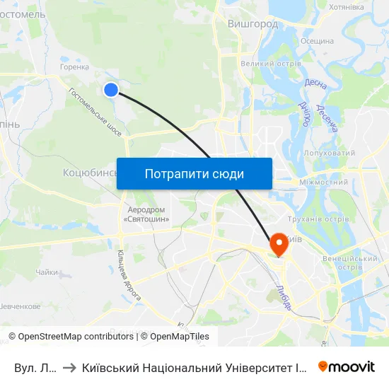 Вул. Лісова to Київський Національний Університет Імені Тараса Шевченка map