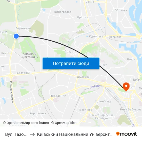 Вул. Газопровідна to Київський Національний Університет Імені Тараса Шевченка map