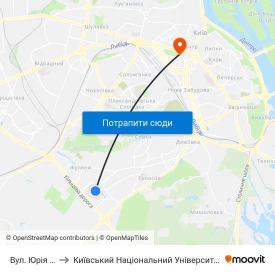 Вул. Юрія Смолича to Київський Національний Університет Імені Тараса Шевченка map
