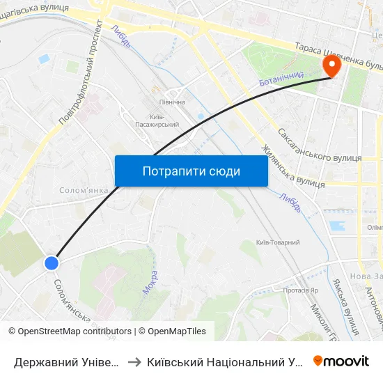 Державний Університет Телекомунікацій to Київський Національний Університет Імені Тараса Шевченка map