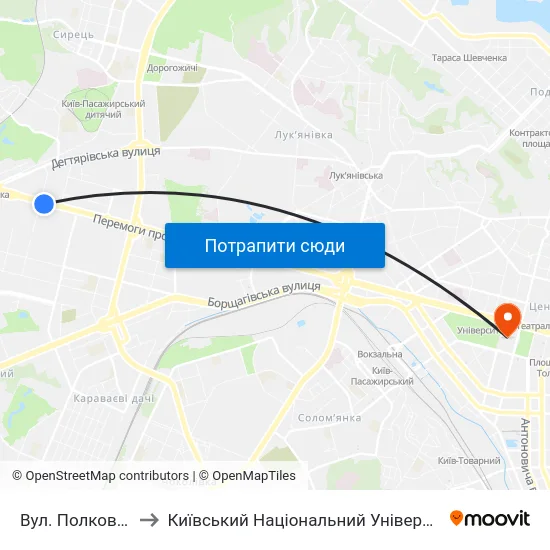 Вул. Полковника Шутова to Київський Національний Університет Імені Тараса Шевченка map