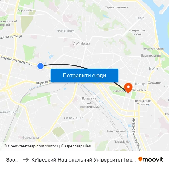 Зоопарк to Київський Національний Університет Імені Тараса Шевченка map
