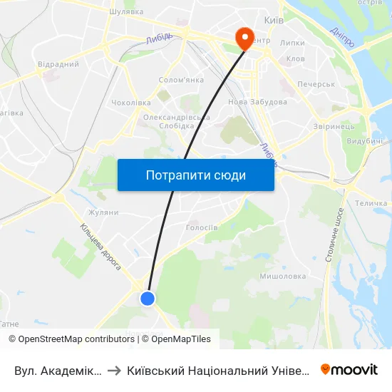 Вул. Академіка Заболотного to Київський Національний Університет Імені Тараса Шевченка map