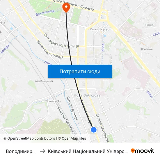 Володимирський Ринок to Київський Національний Університет Імені Тараса Шевченка map