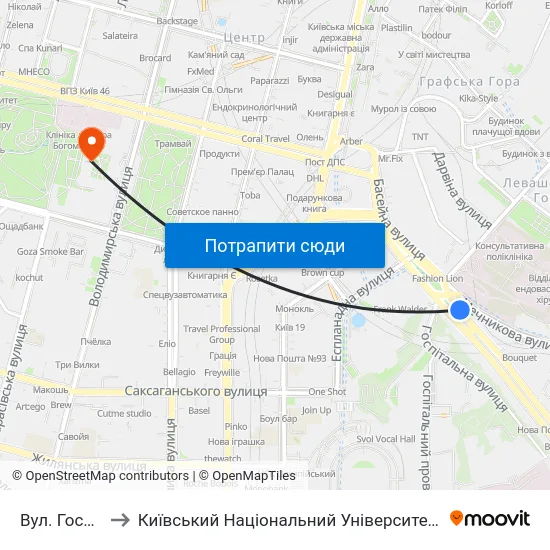 Вул. Госпітальна to Київський Національний Університет Імені Тараса Шевченка map