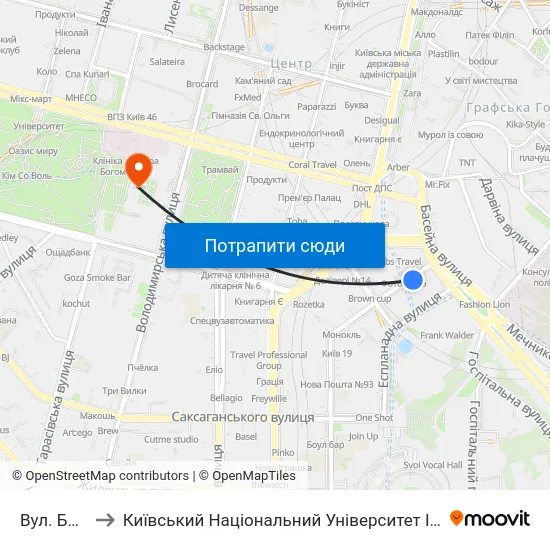 Вул. Басейна to Київський Національний Університет Імені Тараса Шевченка map