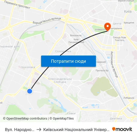 Вул. Народного Ополчення to Київський Національний Університет Імені Тараса Шевченка map