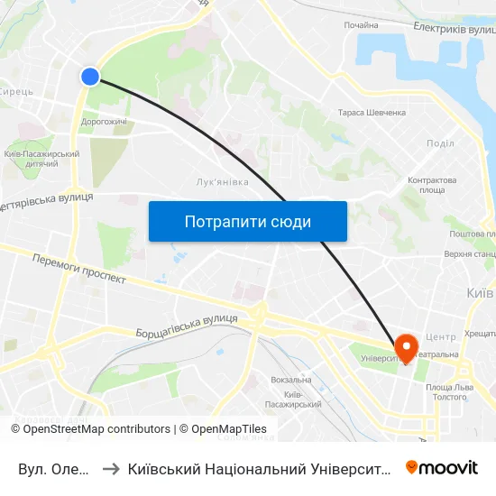 Вул. Олени Теліги to Київський Національний Університет Імені Тараса Шевченка map
