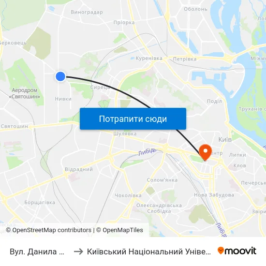 Вул. Данила Щербаківського to Київський Національний Університет Імені Тараса Шевченка map