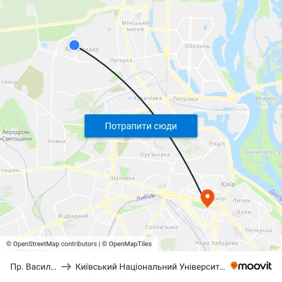 Пр. Василя Порика to Київський Національний Університет Імені Тараса Шевченка map