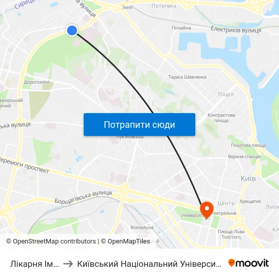 Лікарня Ім. Павлова to Київський Національний Університет Імені Тараса Шевченка map