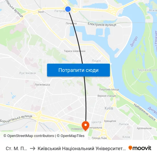 Ст. М. Почайна to Київський Національний Університет Імені Тараса Шевченка map