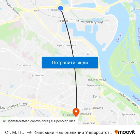 Ст. М. Почайна to Київський Національний Університет Імені Тараса Шевченка map
