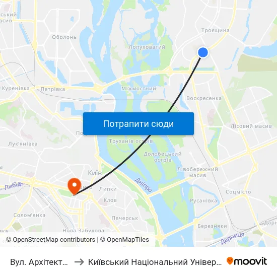 Вул. Архітектора Ніколаєва to Київський Національний Університет Імені Тараса Шевченка map