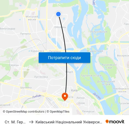 Ст. М. Героїв Дніпра to Київський Національний Університет Імені Тараса Шевченка map