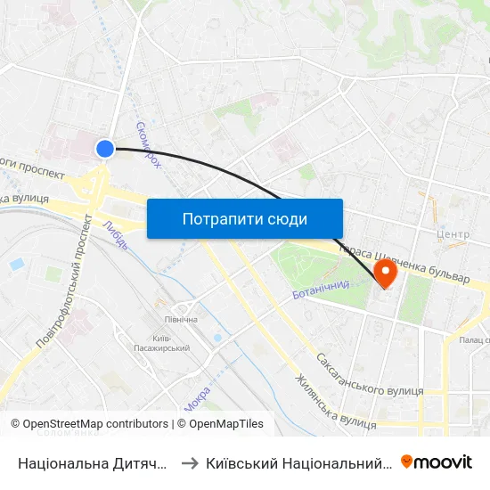 Національна Дитяча Клінічна Лікарня ""Охматдит"" to Київський Національний Університет Імені Тараса Шевченка map