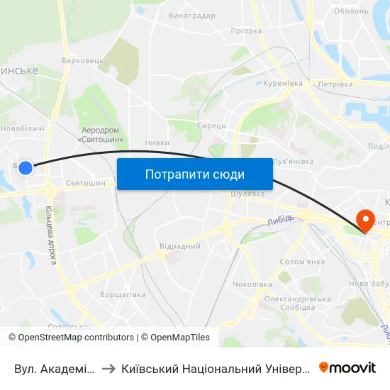 Вул. Академіка Єфремова to Київський Національний Університет Імені Тараса Шевченка map