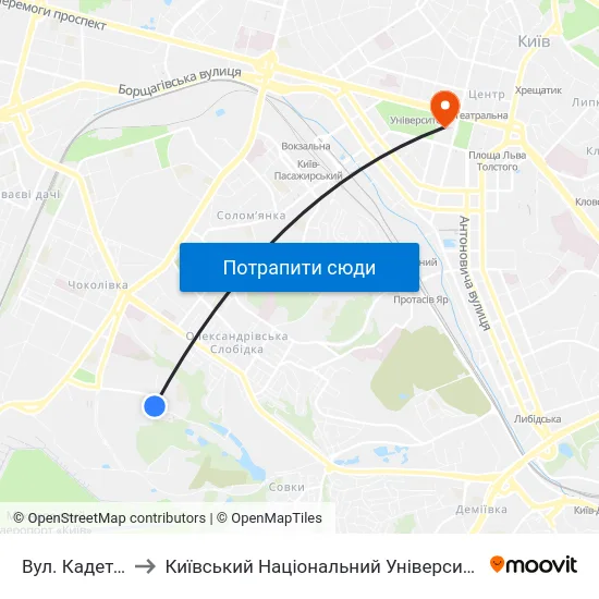 Вул. Кадетський Гай to Київський Національний Університет Імені Тараса Шевченка map