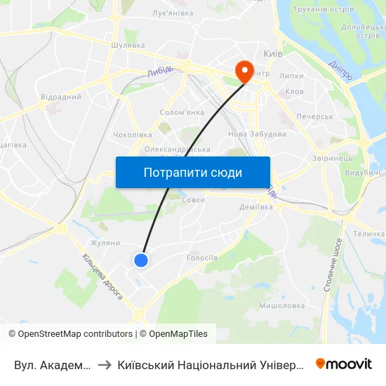Вул. Академіка Вільямса to Київський Національний Університет Імені Тараса Шевченка map