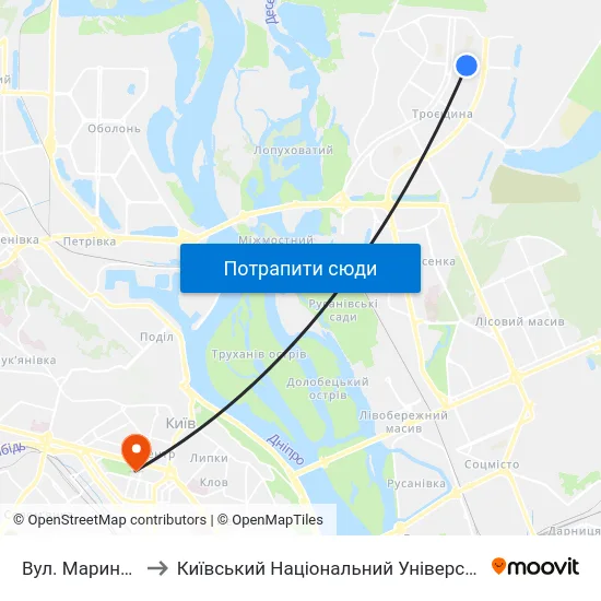 Вул. Марини Цвєтаєвої to Київський Національний Університет Імені Тараса Шевченка map